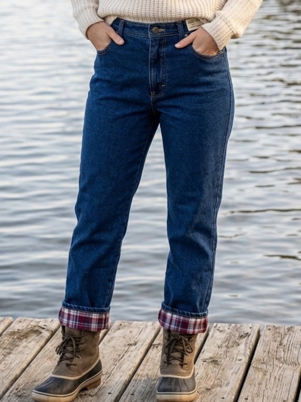 Sandy River Dark Blue Straight-Leg Jeans with Plaid Cuff